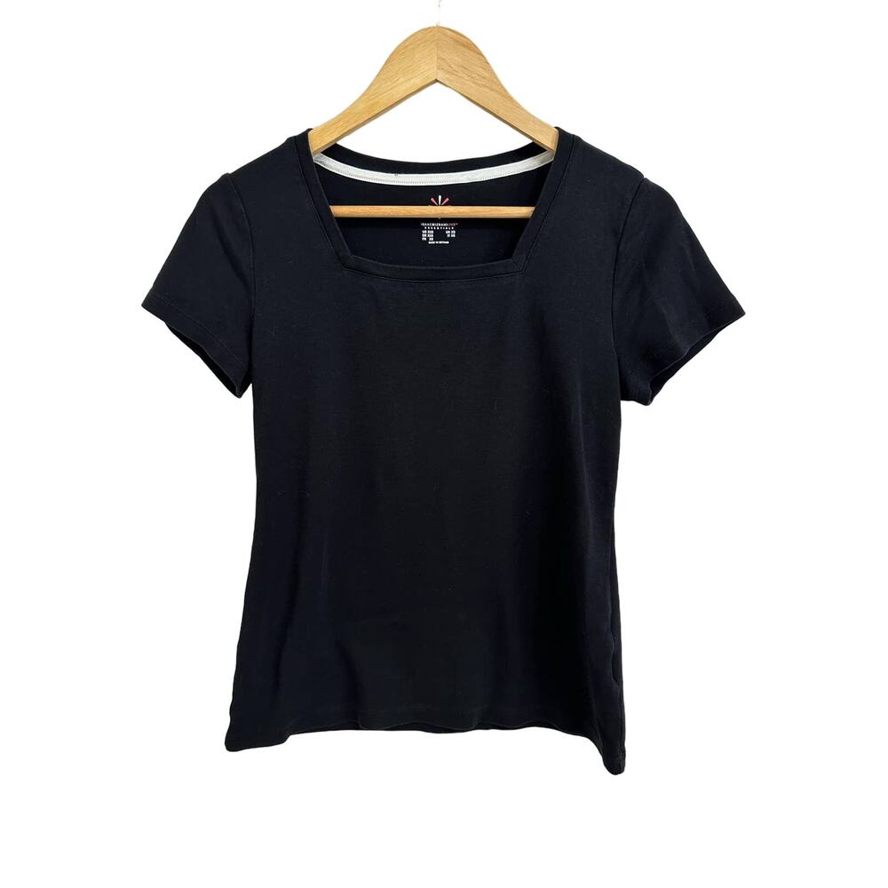 Minimalist Isaac Mizrahi Essentials Pima‎ Cotton Square Neck Tee Black XXS